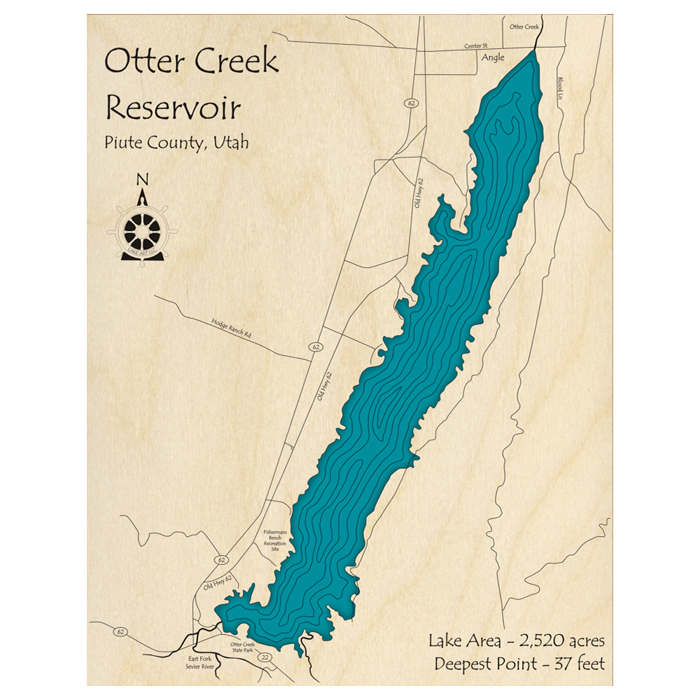 Otter Creek Reservoir, Utah 3D Custom Wood Map – Lake Art LLC