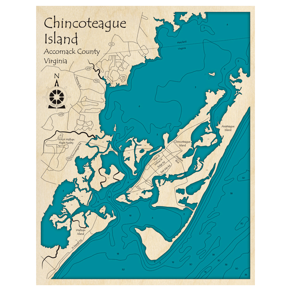 Chincoteague Island, Virginia 3D Custom Wood Map Lake Art LLC