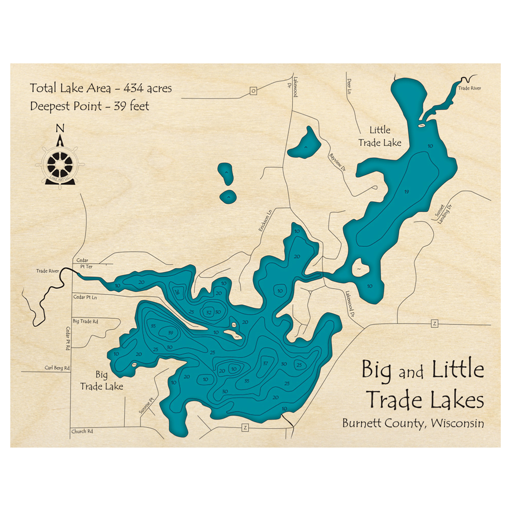 Trade Lake, Wisconsin 3D Custom Wood Map – Lake Art LLC