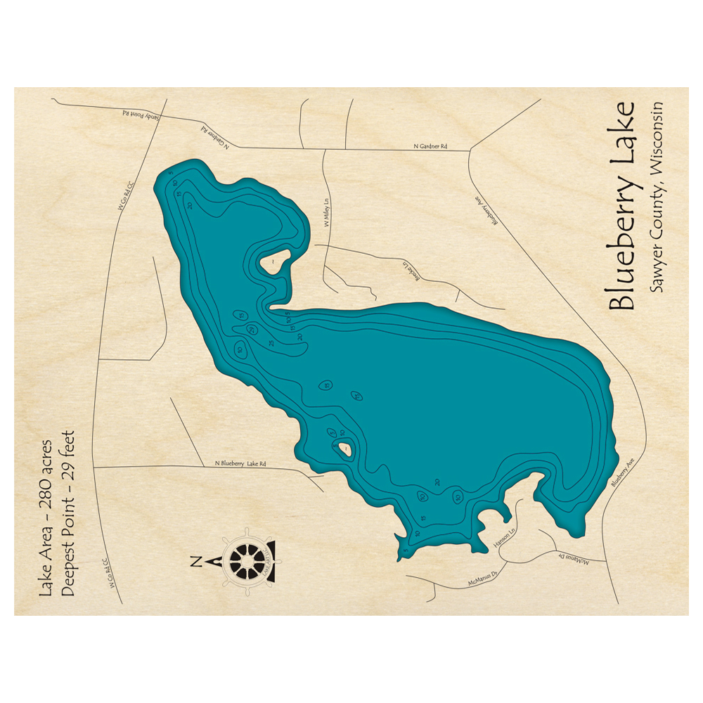 Blueberry Lake, Wisconsin 3D Custom Wood Map – Lake Art LLC