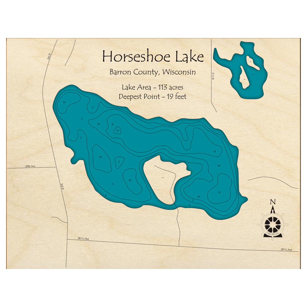 Horseshoe Lake, Wisconsin 3D Custom Wood Map – Lake Art LLC