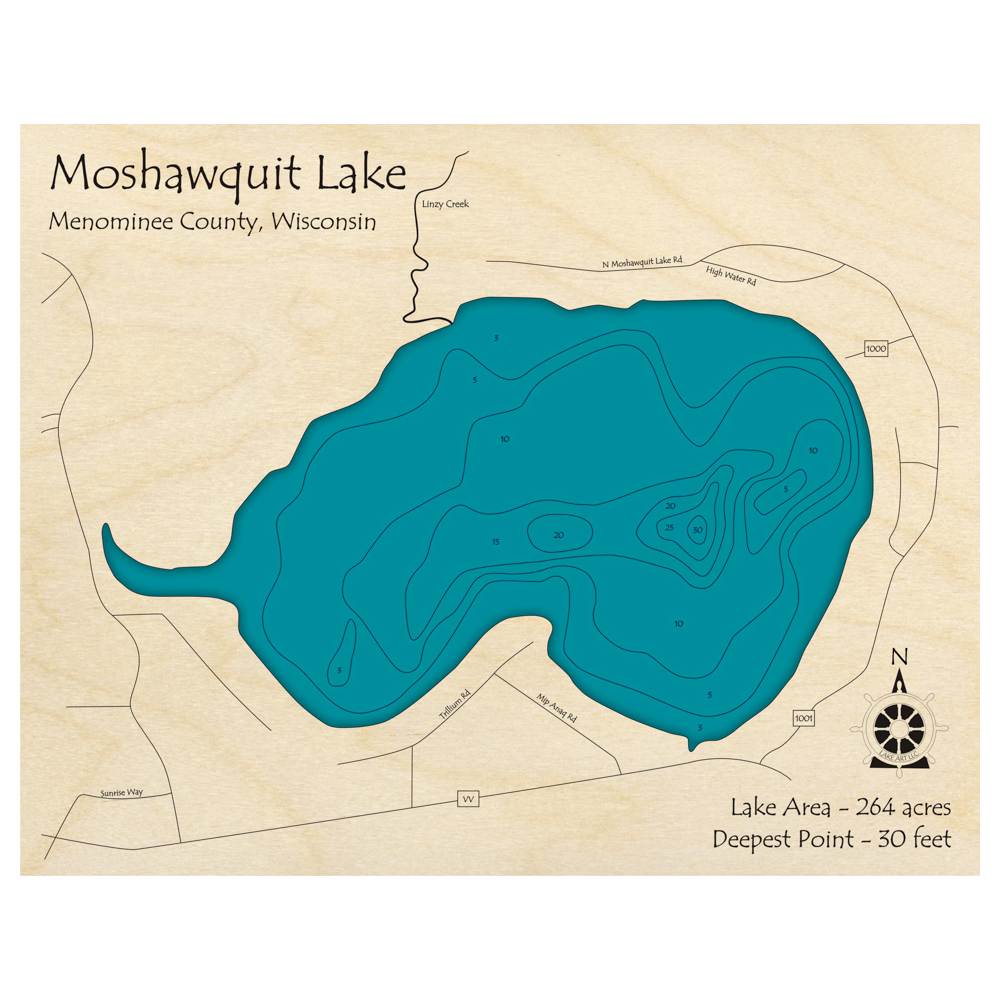 Moshawquit Lake, Wisconsin 3D Custom Wood Map – Lake Art LLC