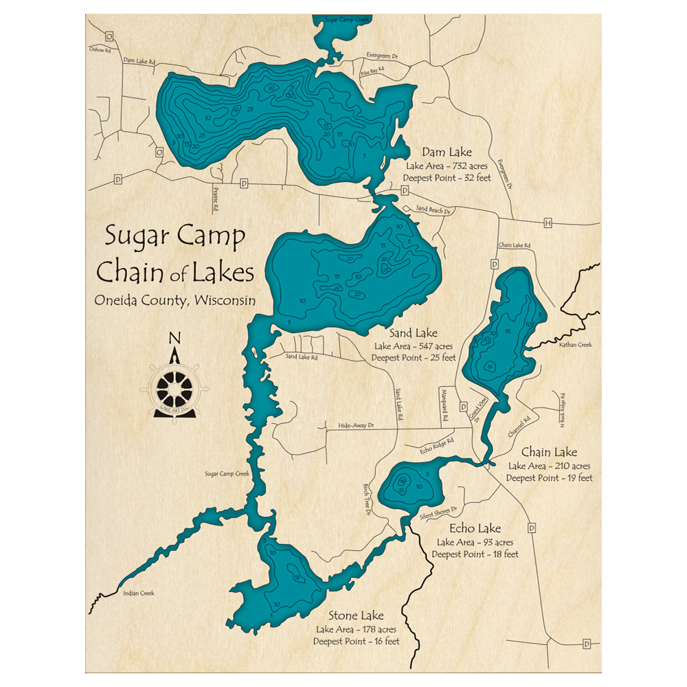 Sugar Camp Chain, Wisconsin 3D Custom Wood Map – Lake Art LLC