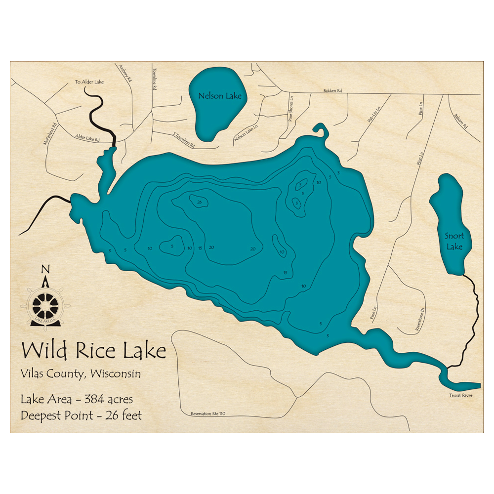 Wild Rice Lake, Wisconsin 3D Custom Wood Map – Lake Art LLC
