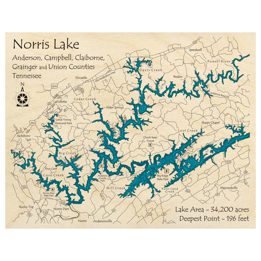 Norris Lake, 3D Custom Wood Map – Lake Art LLC