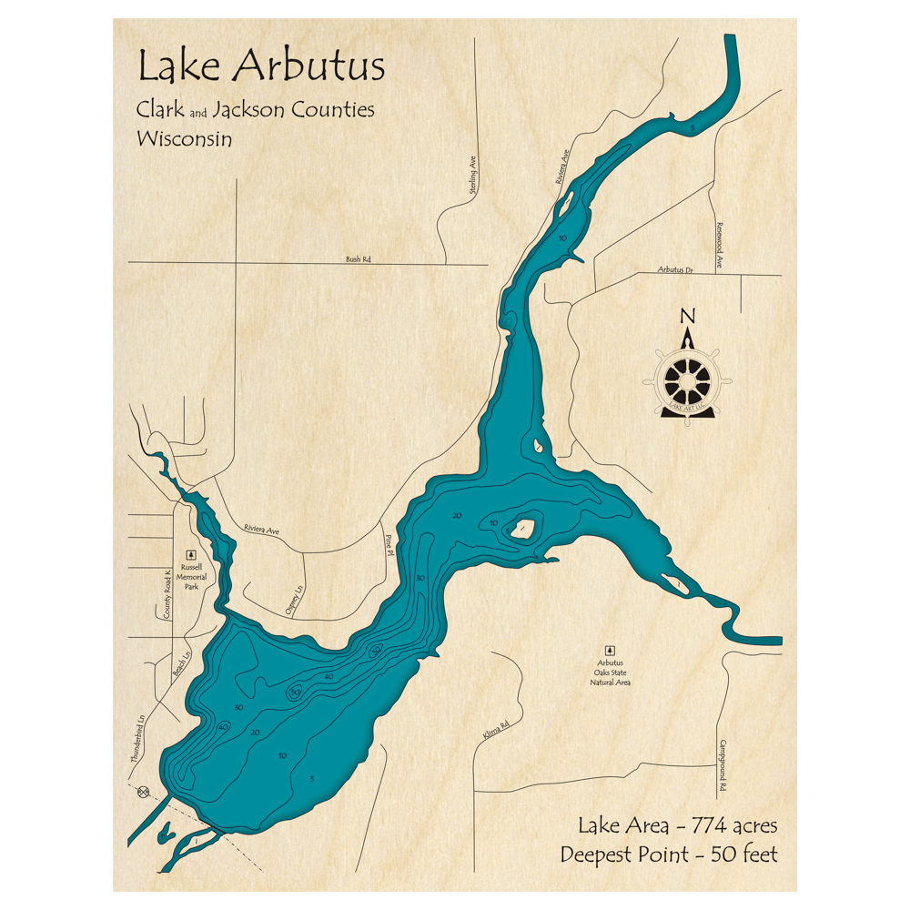 Lake Arbutus, 3D Custom Wood Map – Lake Art LLC