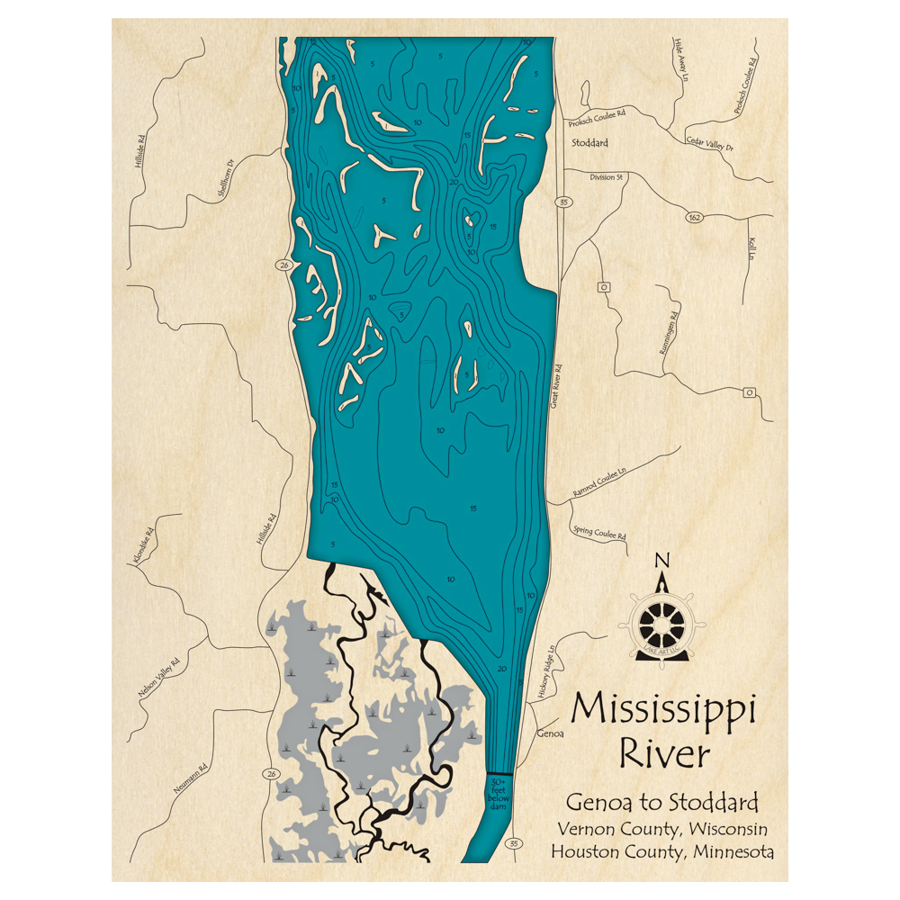Mississippi River at Genoa and Stoddard (MN, WI) 3D Custom Wood
