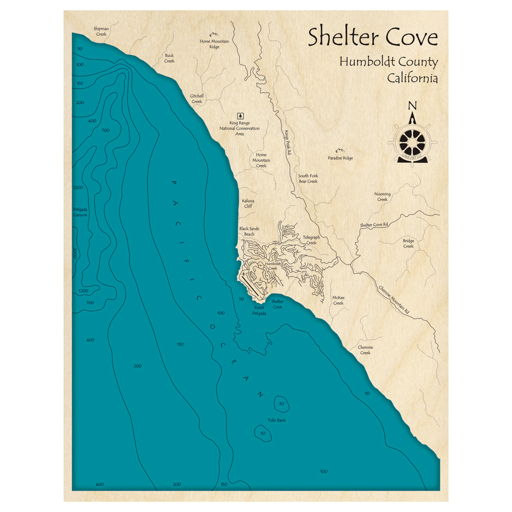 Shelter Cove, California 3D Custom Wood Map Lake Art LLC