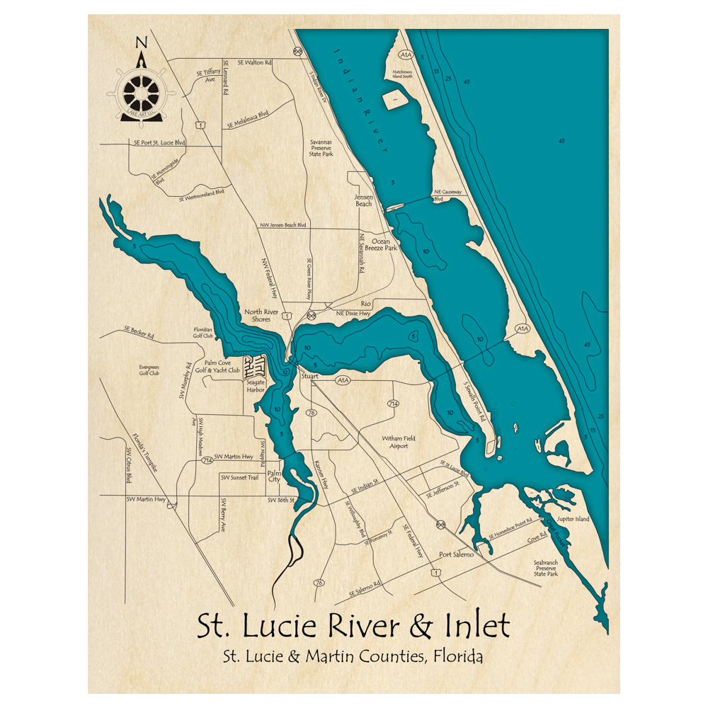 Saint Lucie River and Inlet, Florida 3D Custom Wood Map Lake Art LLC
