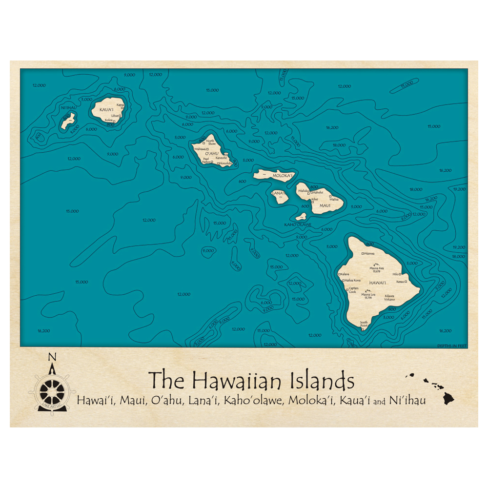 The Hawaiian Islands, Hawaii 3D Custom Wood Map – Lake Art LLC