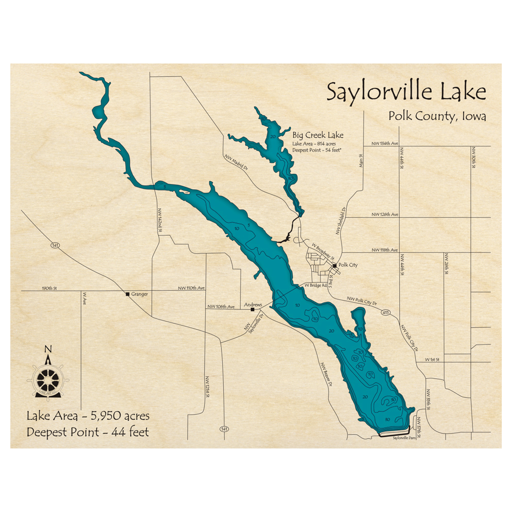 Saylorville Lake and Big Creek Lake, Iowa 3D Custom Wood Map