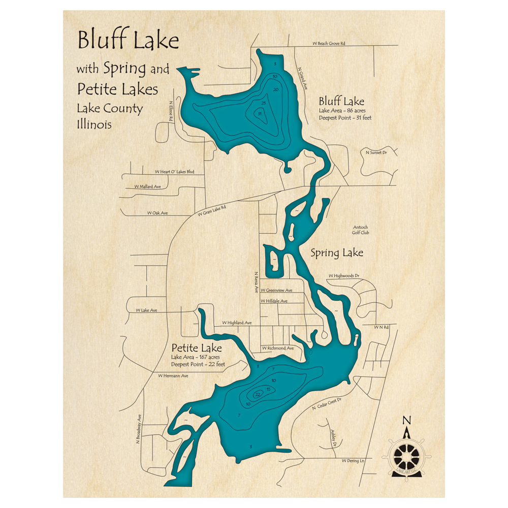 Bluff Lake, Illinois 3D Custom Wood Map – Lake Art LLC, image size:1000x1000