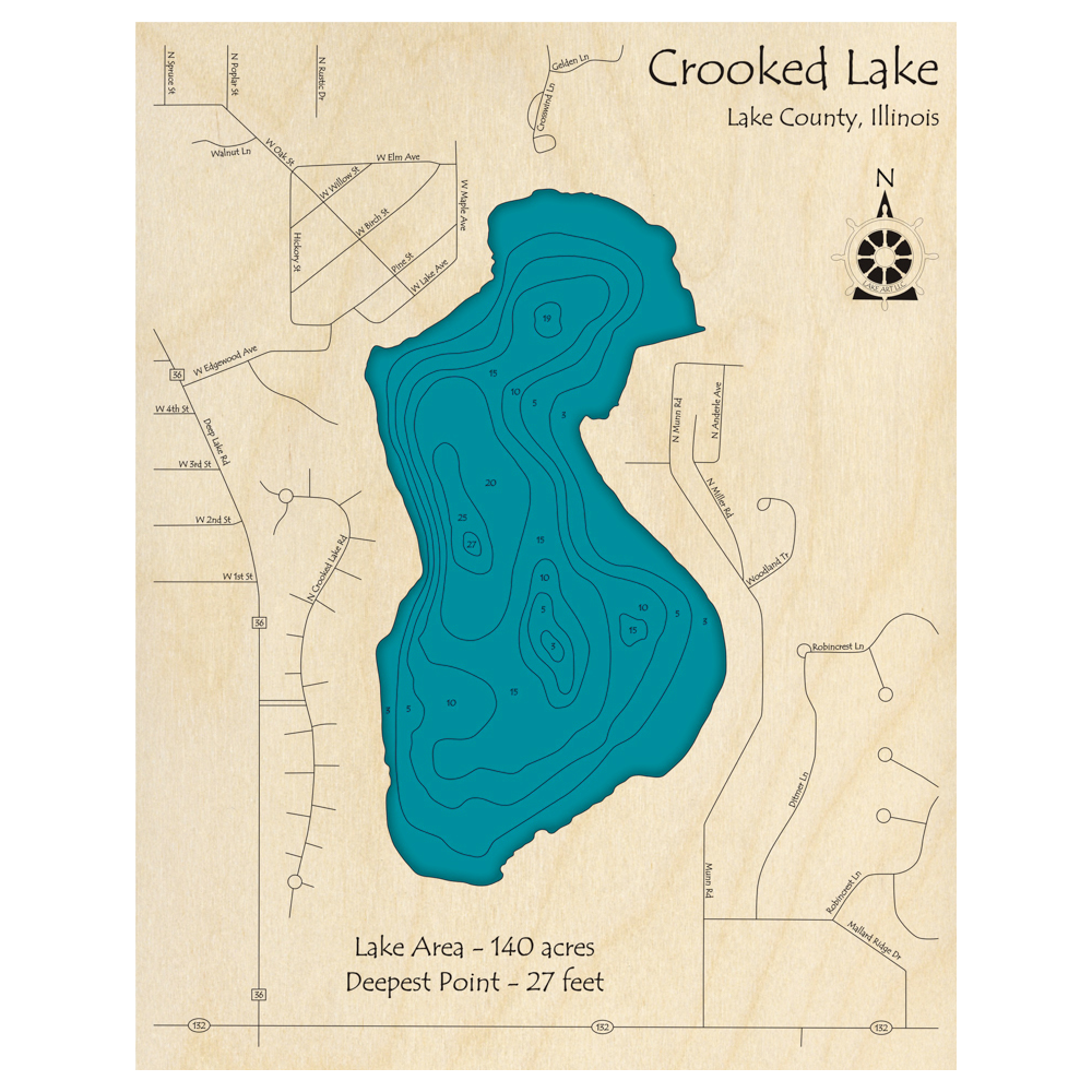 Crooked Lake, Illinois 3D Custom Wood Map – Lake Art LLC