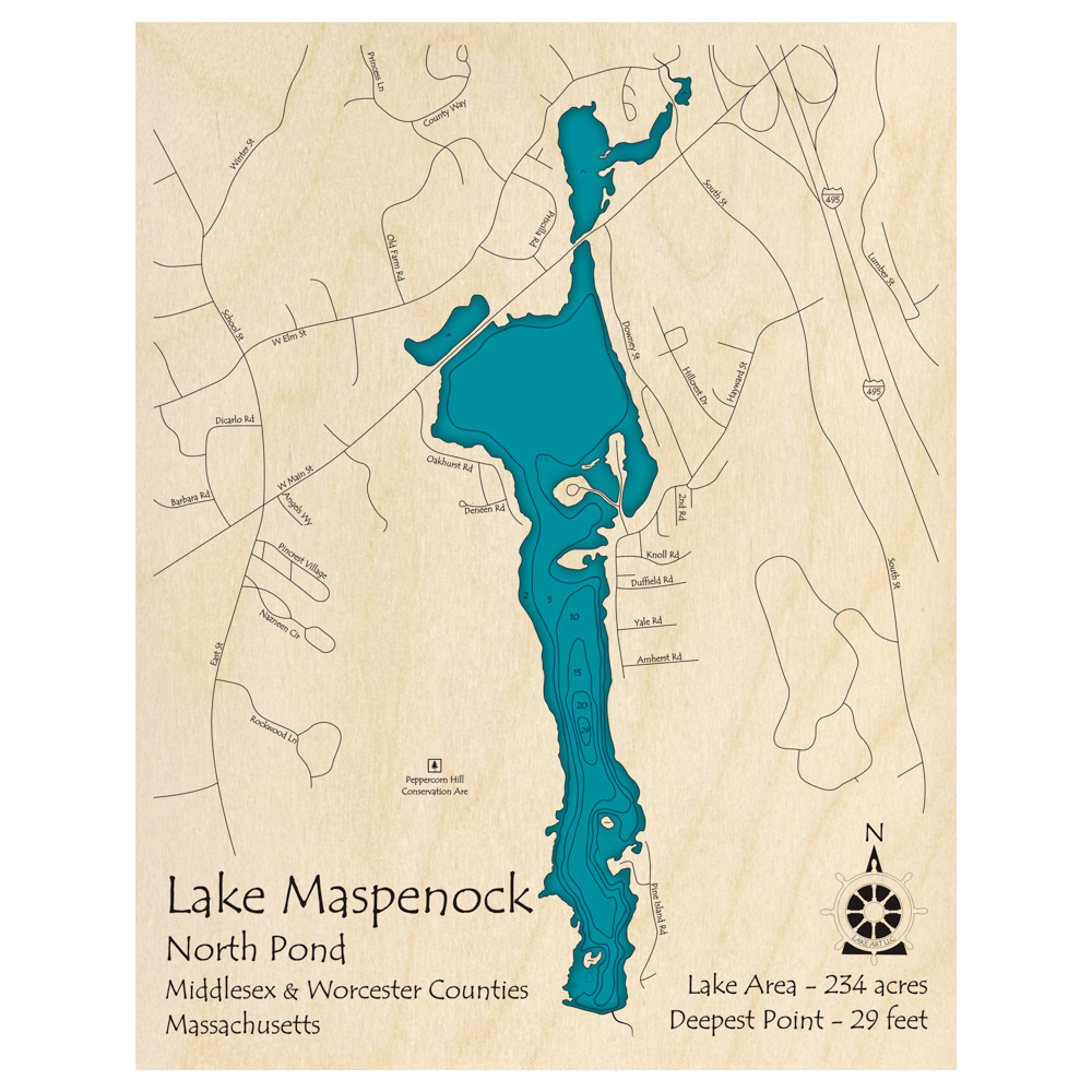 Lake Maspenock, Massachusetts 3D Custom Wood Map – Lake Art LLC