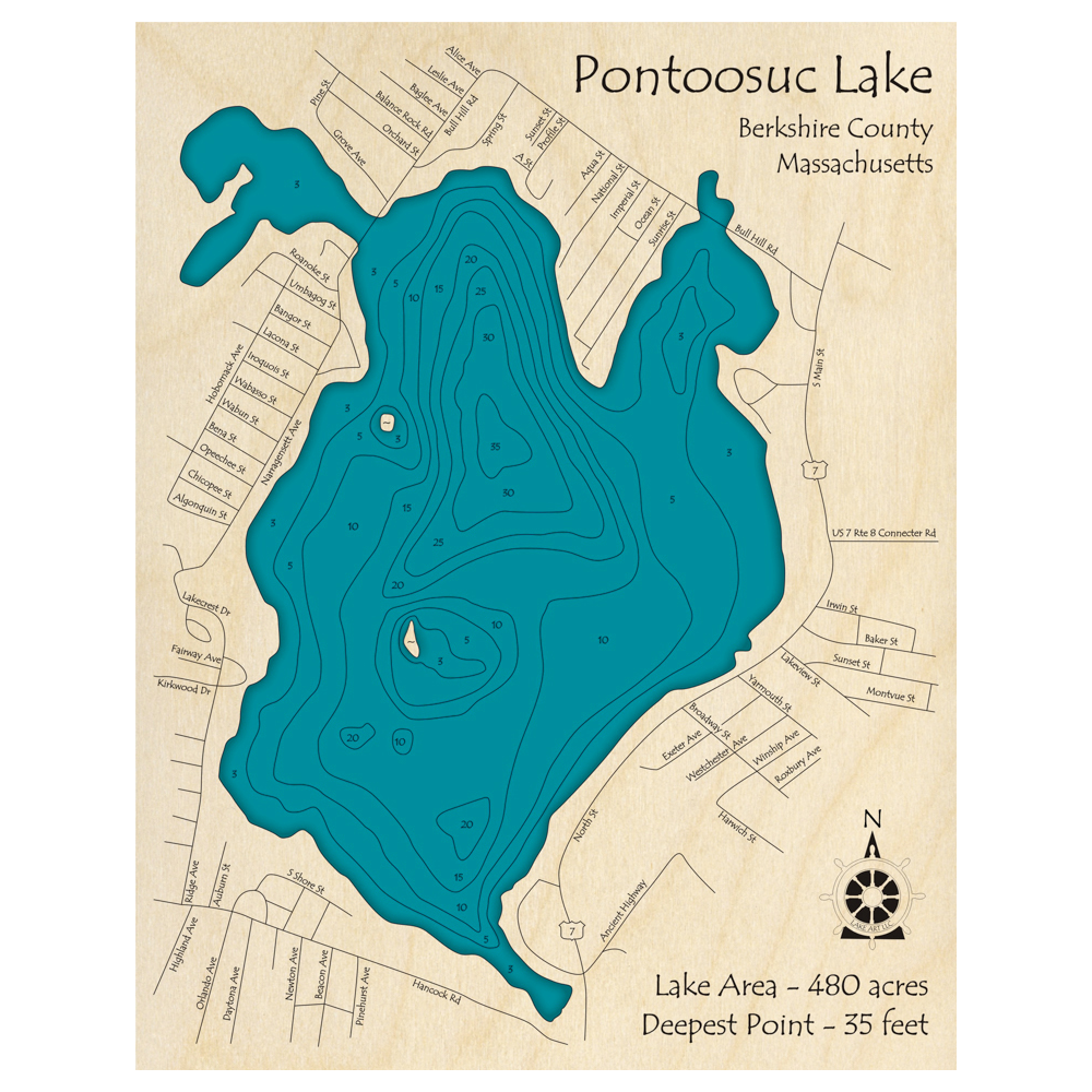 Pontoosuc Lake, Massachusetts 3D Custom Wood Map – Lake Art LLC