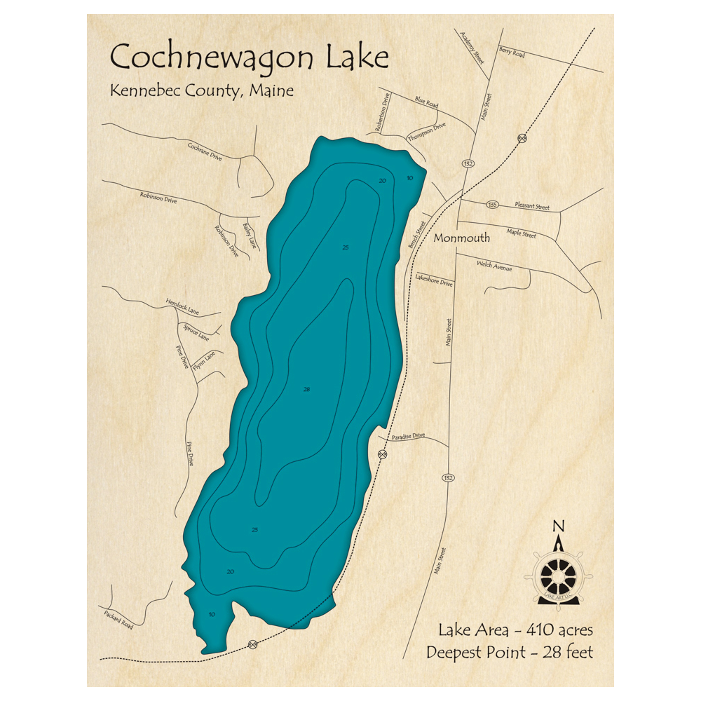 Cochnewagon Lake, Maine 3D Custom Wood Map – Lake Art LLC