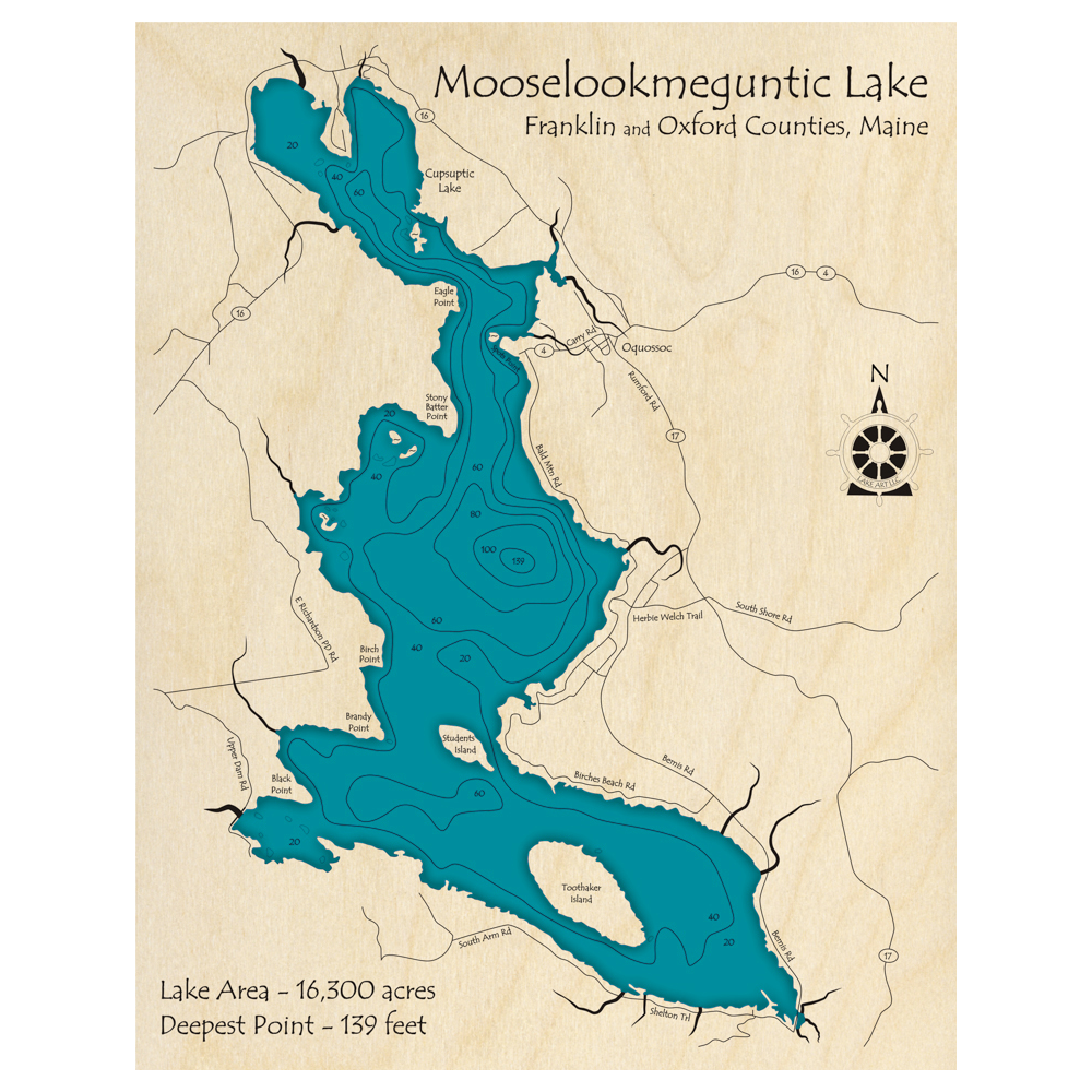 Mooselookmeguntic Lake, Maine 3D Custom Wood Map – Lake Art LLC