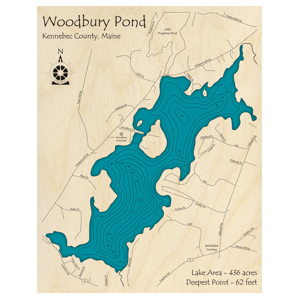 Woodbury Pond, Maine 3D Custom Wood Map – Lake Art LLC