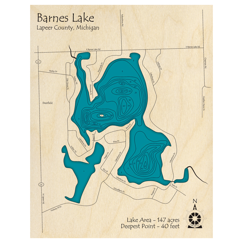 Barnes Lake, Michigan 3D Custom Wood Map Lake Art LLC