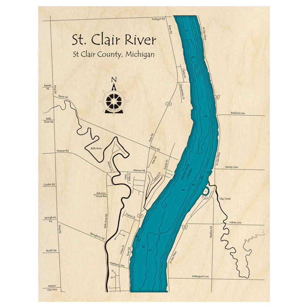 St Clair River (ON, MI) 3D Custom Wood Map Lake Art LLC
