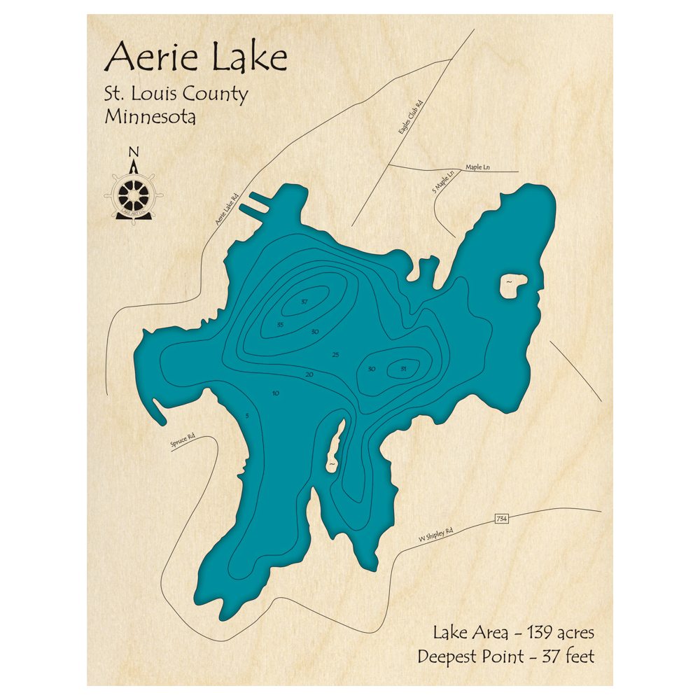 Aerie Lake, Minnesota 3D Custom Wood Map – Lake Art LLC