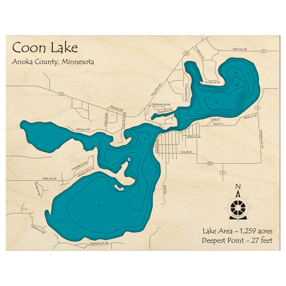 Coon Lake, Minnesota 3D Custom Wood Map – Lake Art LLC