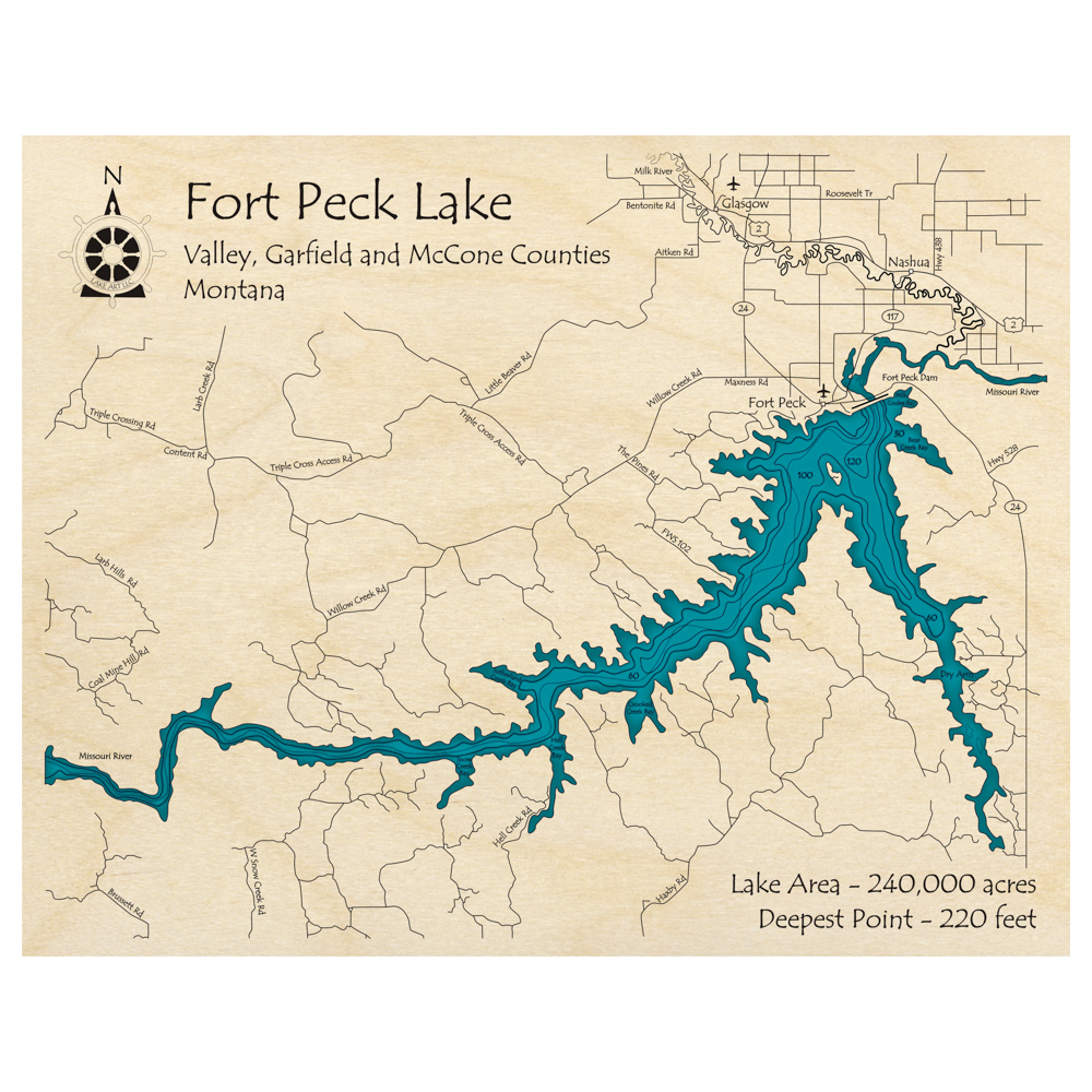 Fort Peck Lake, Montana 3D Custom Wood Map – Lake Art LLC