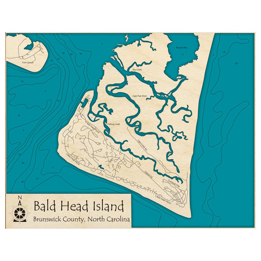 Bald Head Island, North Carolina 3D Custom Wood Map Lake Art LLC