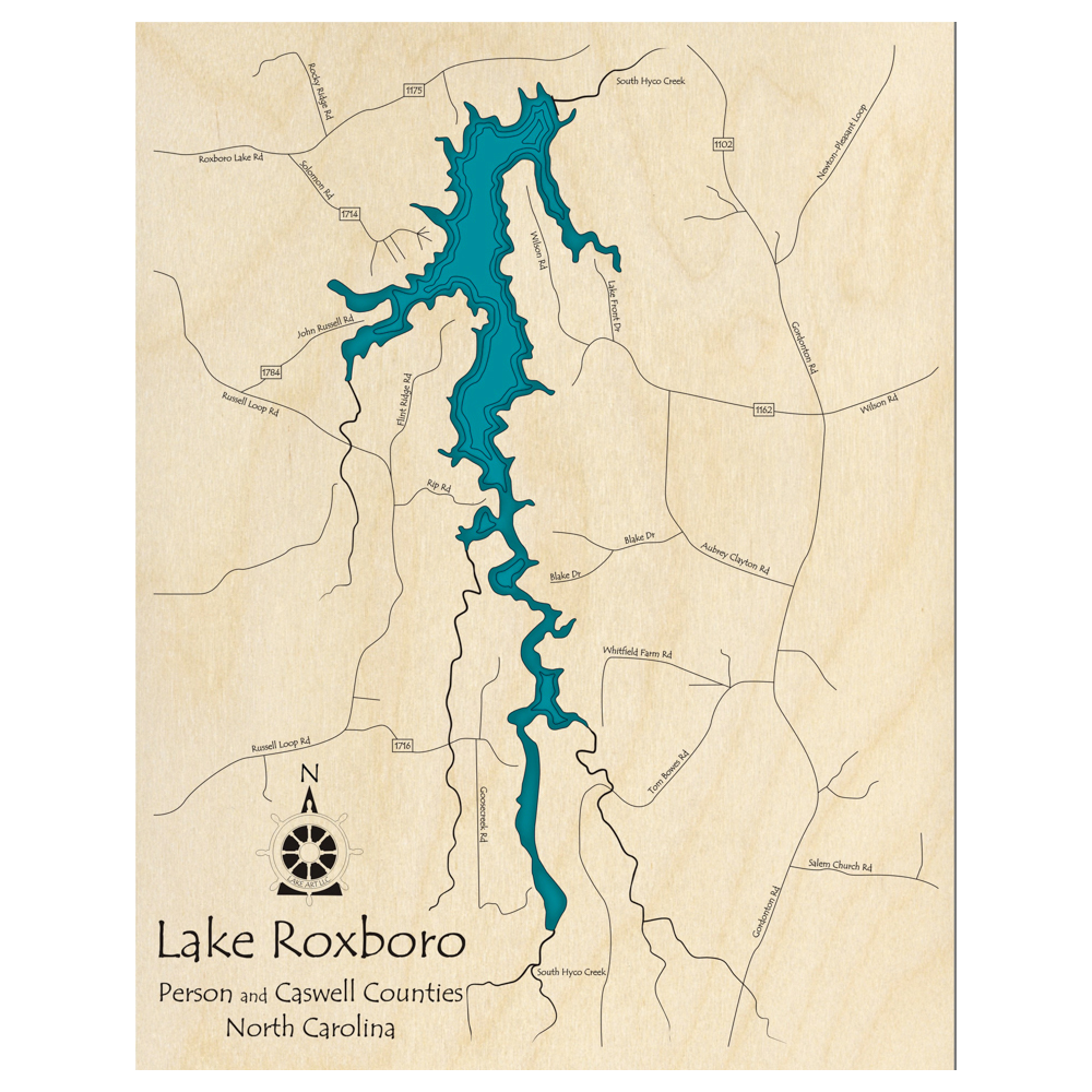 Lake Roxboro, North Carolina 3D Custom Wood Map – Lake Art LLC