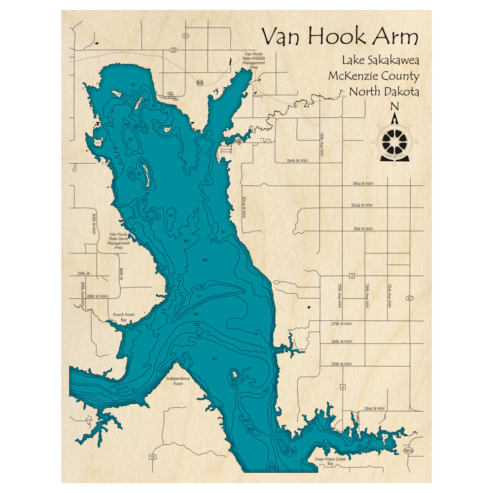 Van Hook Arm of Lake Sakakawea, North Dakota 3D Custom Wood Map
