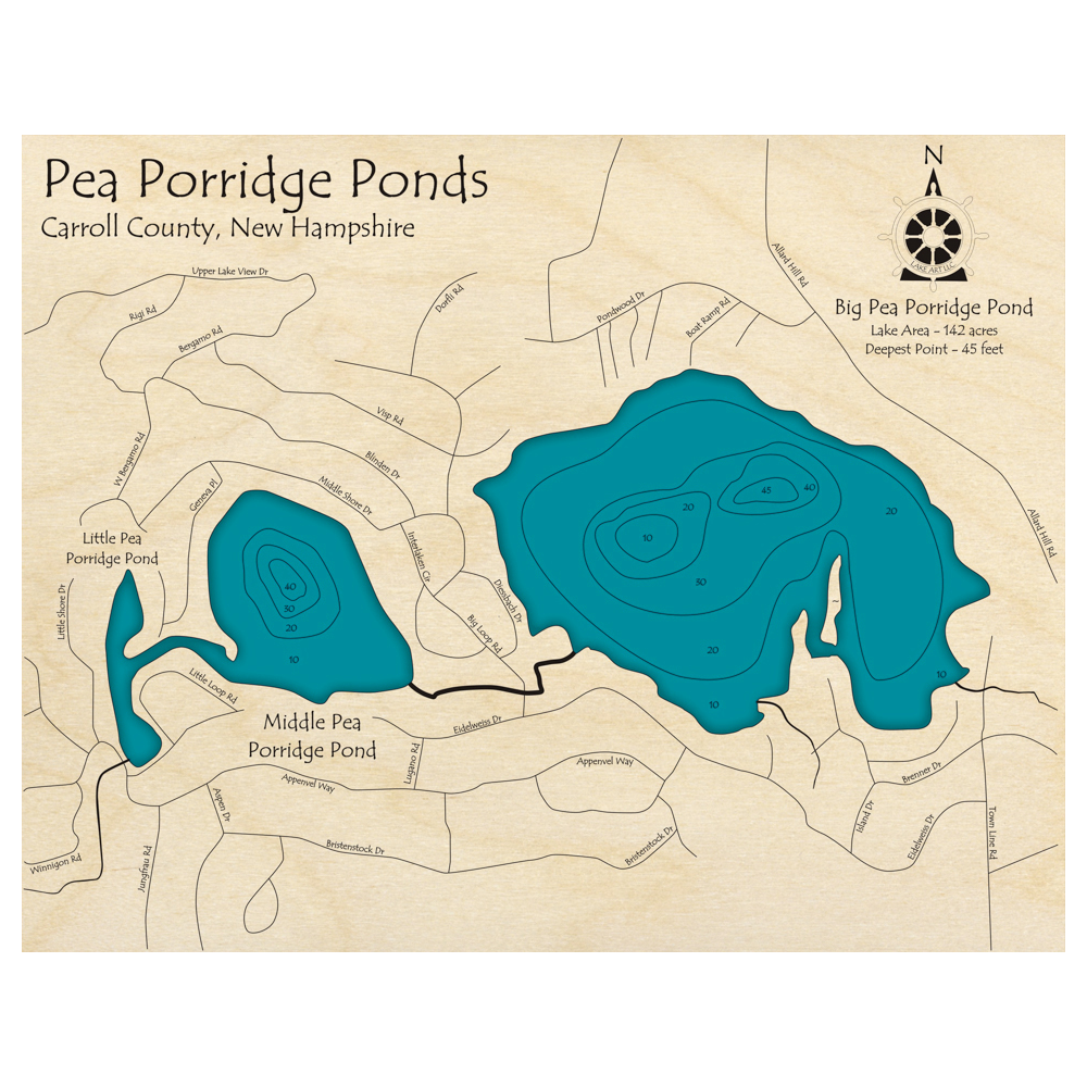 Pea Porridge Ponds, New Hampshire 3D Custom Wood Map – Lake Art LLC