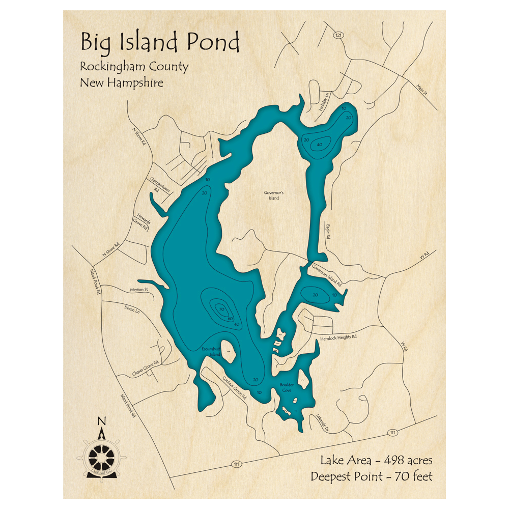 Big Island Pond, New Hampshire 3D Custom Wood Map – Lake Art LLC