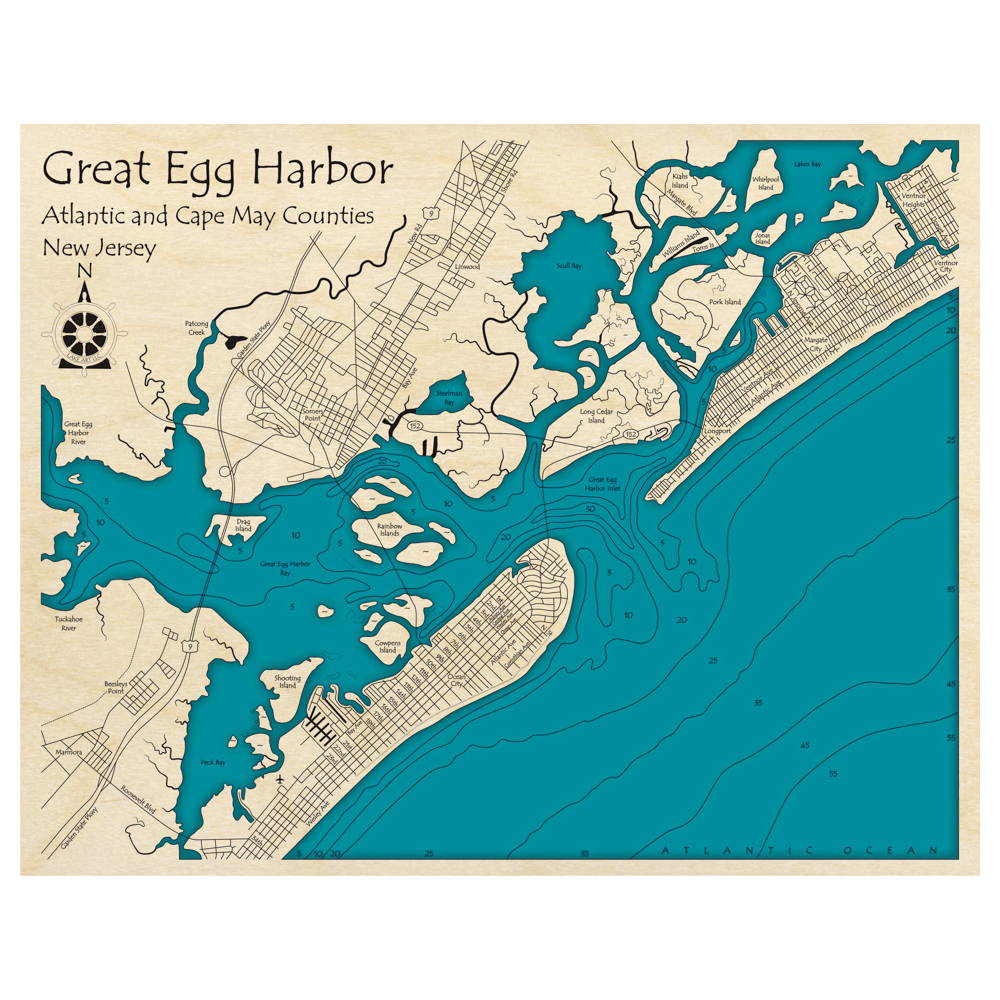 Great Egg Harbor, New Jersey 3D Custom Wood Map – Lake Art LLC
