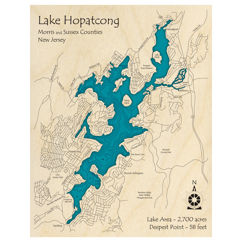 Lake Hopatcong, New Jersey 3D Custom Wood Map – Lake Art LLC