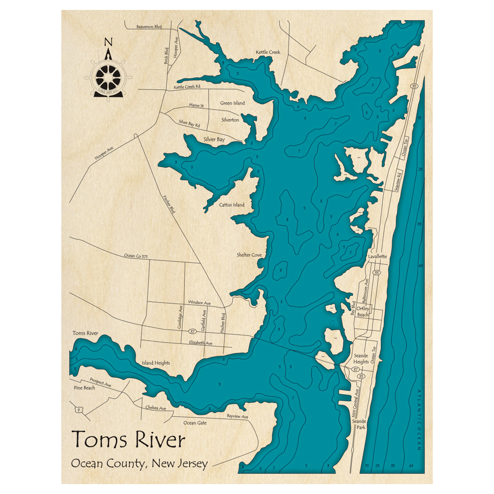 Toms River Region, New Jersey 3D Custom Wood Map Lake Art LLC