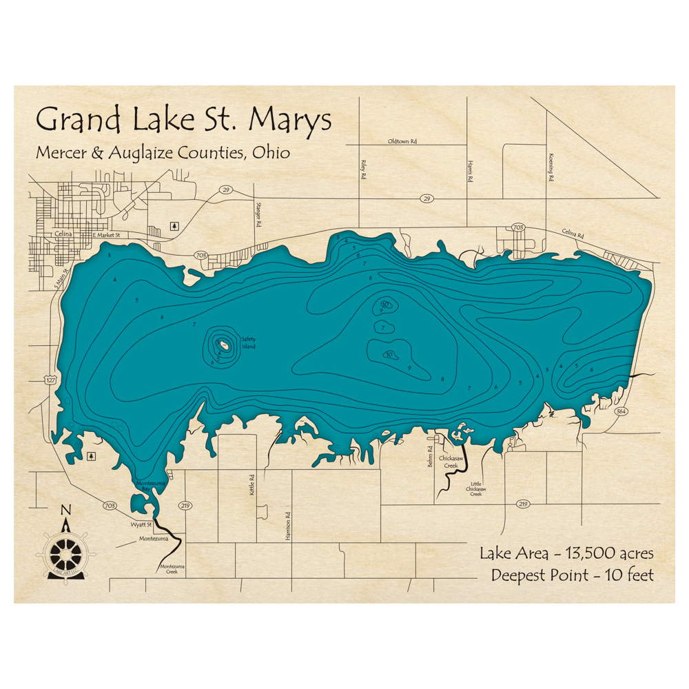 Grand Lake St Marys, Ohio 3D Custom Wood Map – Lake Art LLC