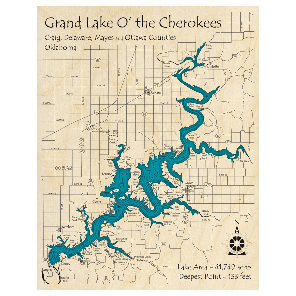Grand Lake O the Cherokees, Oklahoma 3D Custom Wood Map
