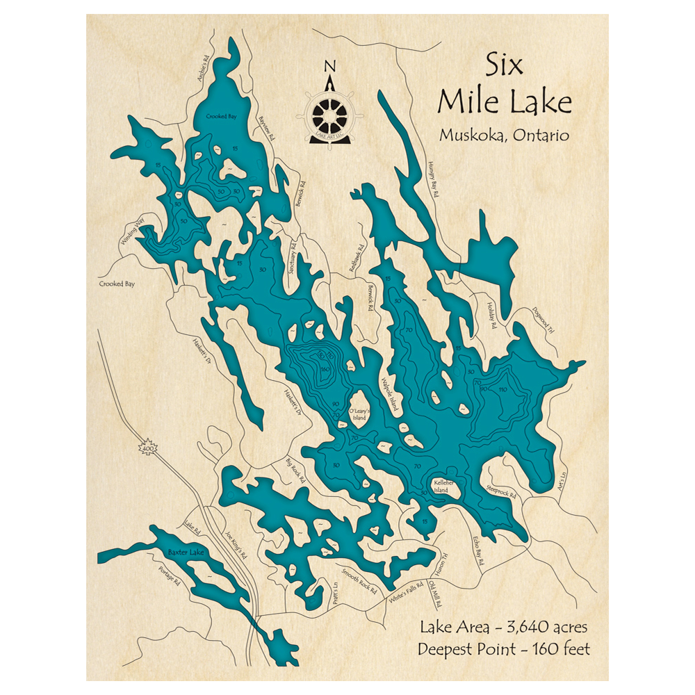 Six Mile Lake, Ontario 3D Custom Wood Map – Lake Art LLC