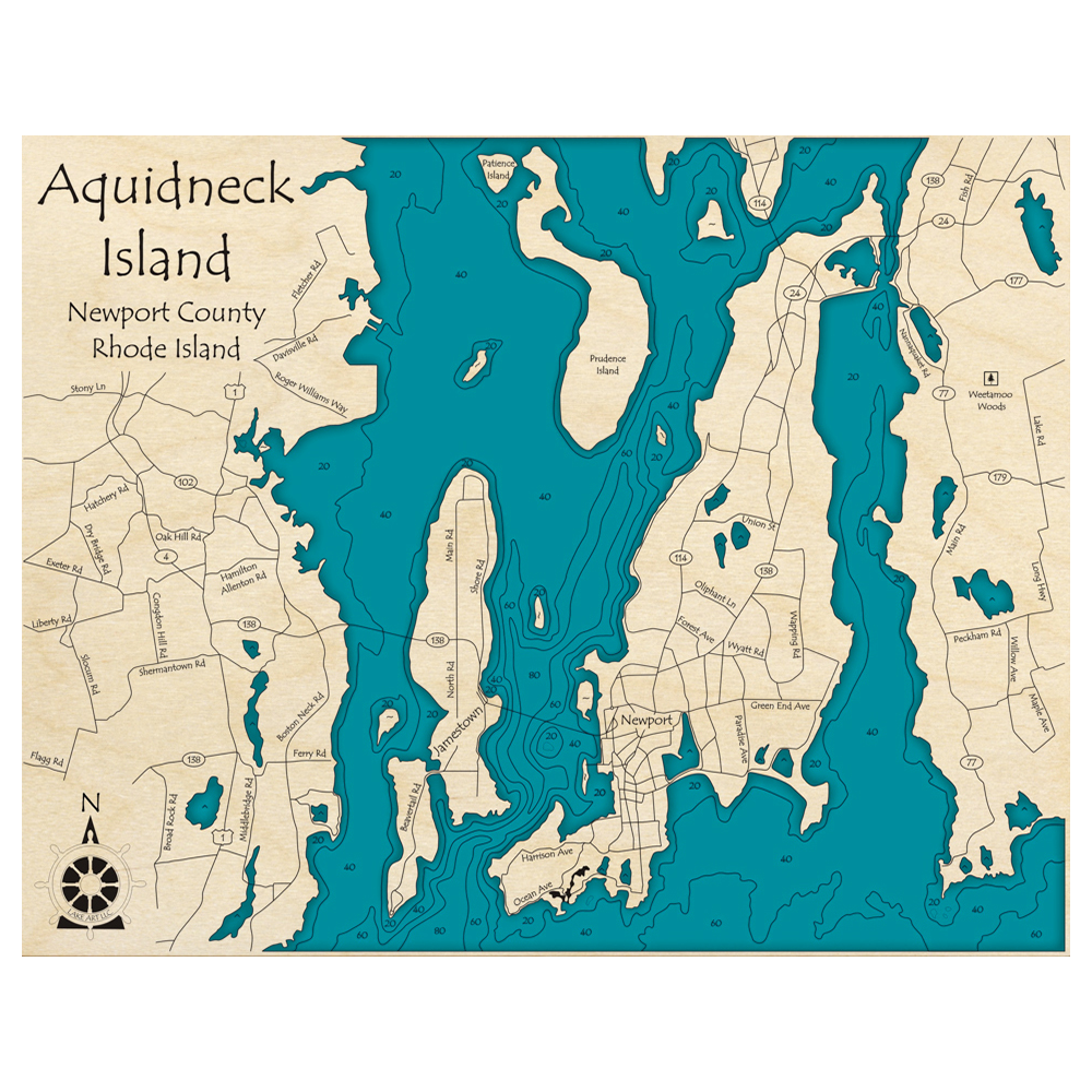 Aquidneck Island, Rhode Island 3D Custom Wood Map Lake Art LLC
