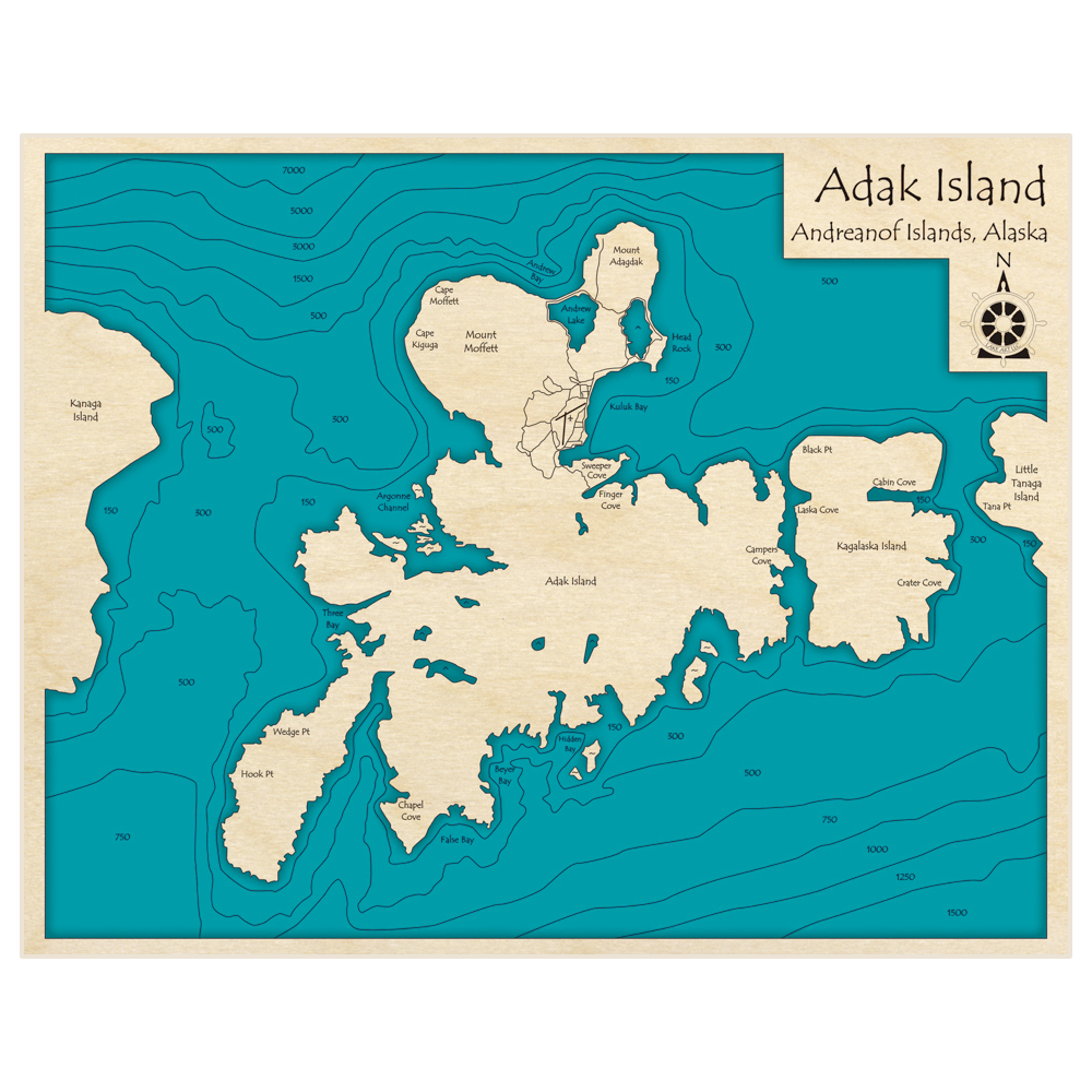 Bathymetric topo map of Adak Island with roads, towns and depths noted in blue water