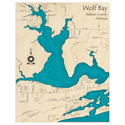 Bathymetric topo map of Wolf Bay with roads, towns and depths noted in blue water