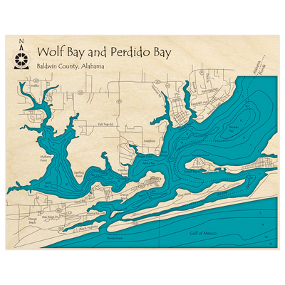 Bathymetric topo map of Wolf Bay and Perdido Bay with roads, towns and depths noted in blue water