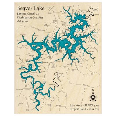 Bathymetric topo map of Beaver Lake with roads, towns and depths noted in blue water