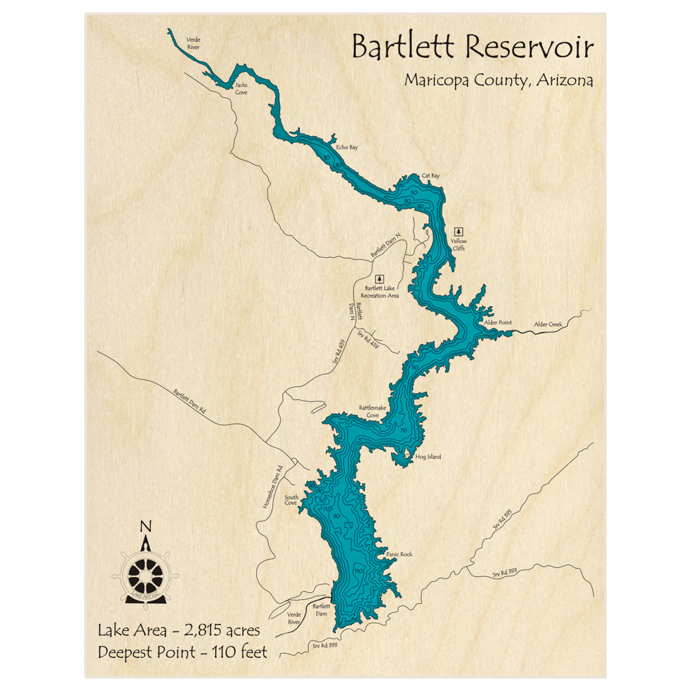 Bathymetric topo map of Bartlett Reservoir with roads, towns and depths noted in blue water