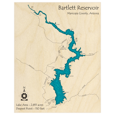 Bathymetric topo map of Bartlett Reservoir with roads, towns and depths noted in blue water