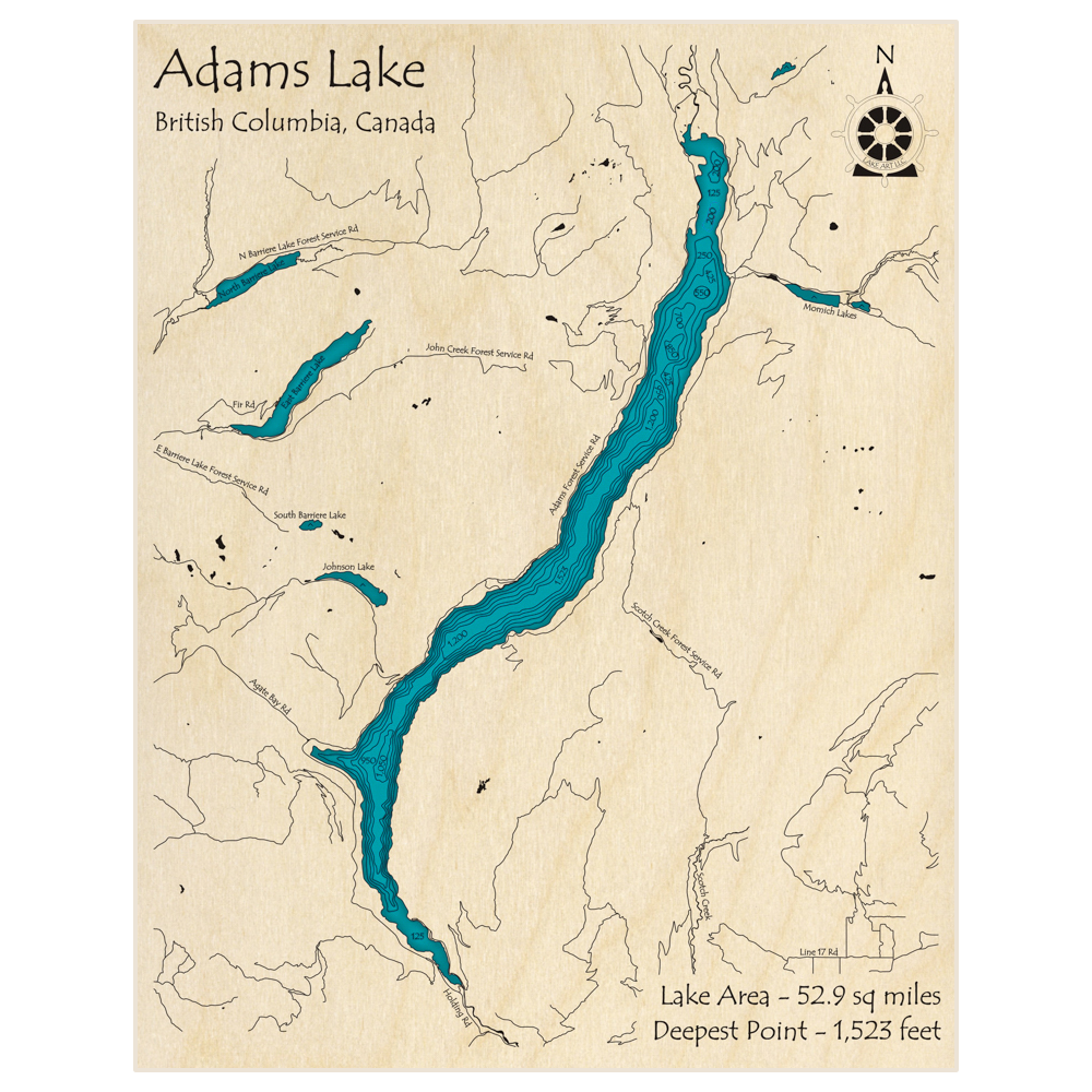 Bathymetric topo map of Adams Lake with roads, towns and depths noted in blue water