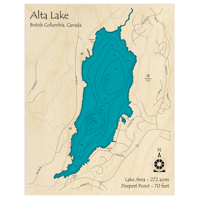 Bathymetric topo map of Alta Lake (in feet) with roads, towns and depths noted in blue water