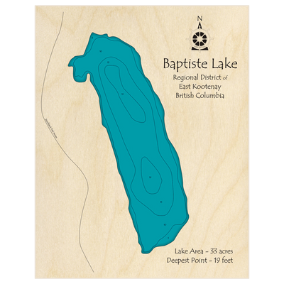 Bathymetric topo map of Baptiste Lake with roads, towns and depths noted in blue water