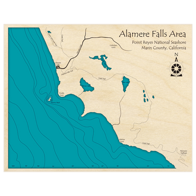 Bathymetric topo map of Alamere Falls Area with roads, towns and depths noted in blue water