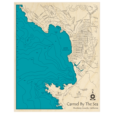 Bathymetric topo map of Carmel By The Sea with roads, towns and depths noted in blue water